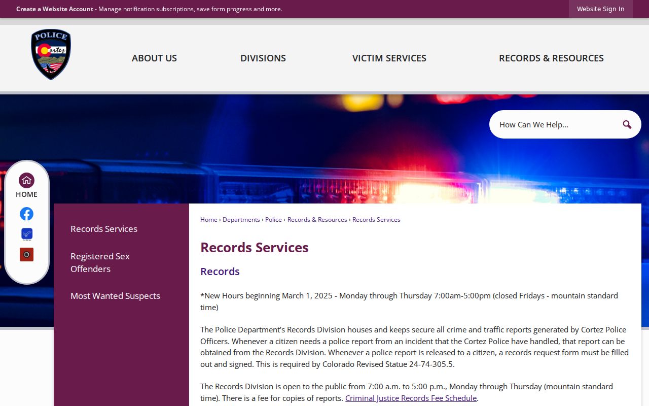 Cortez Police Records Services request information