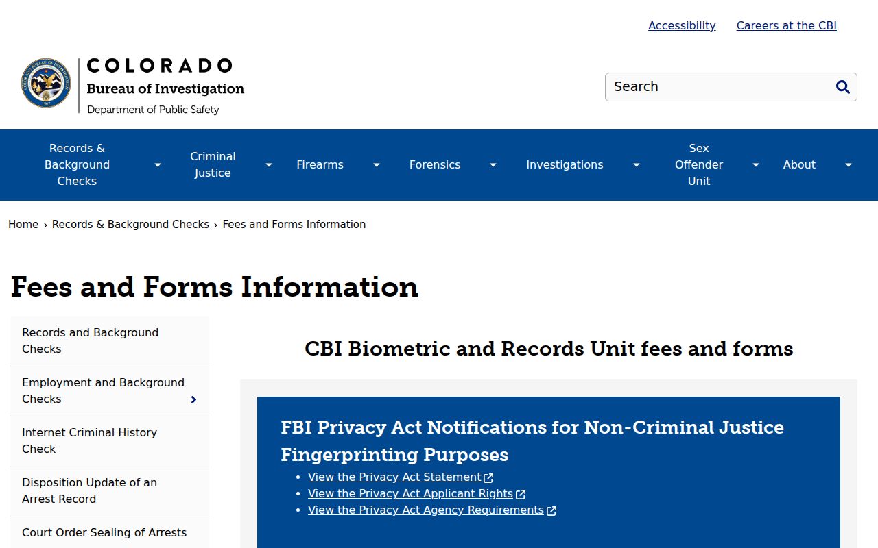 CBI fee and form information for Montezuma County criminal history requests