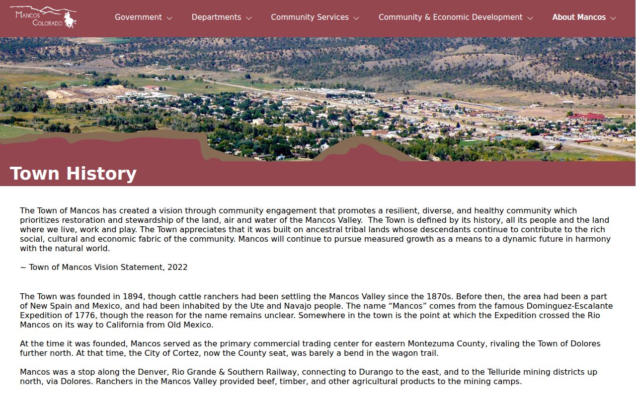 Official history of Mancos and its railway-era development