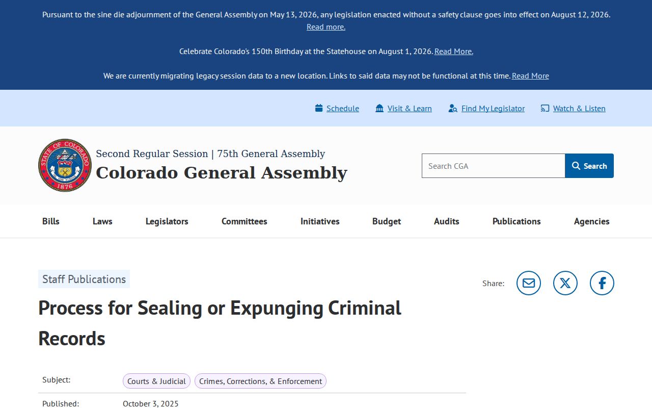 Colorado legislative overview of sealing and expungement