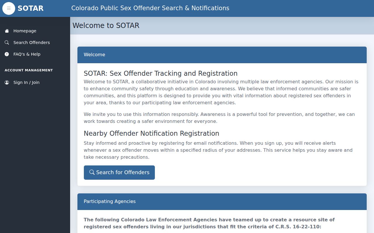 Montezuma County sex offender check SOTAR jurisdiction selector